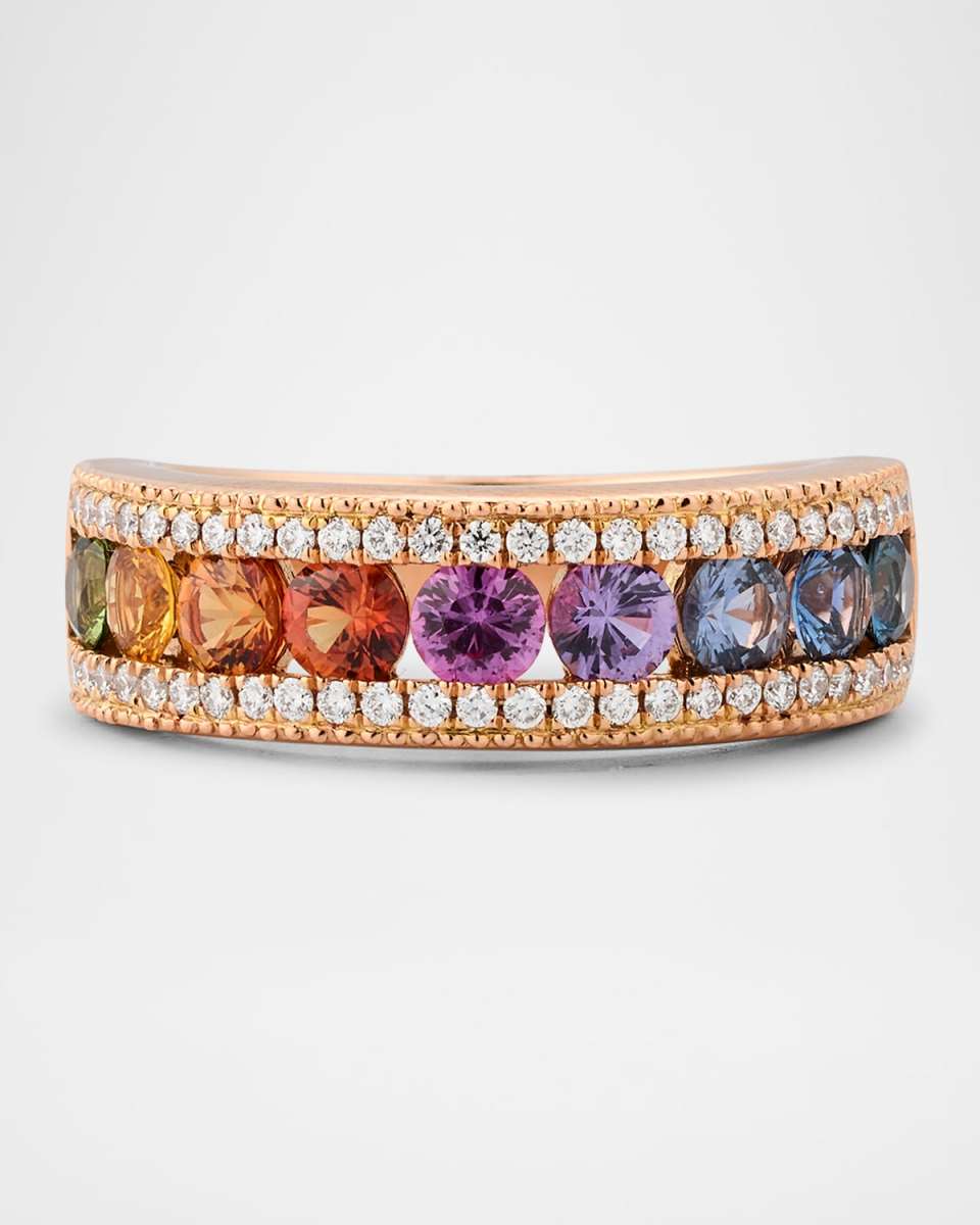 Rainbow 18K Rose Gold Channel Sapphire and Diamond Triple Row Band Ring, Size 6